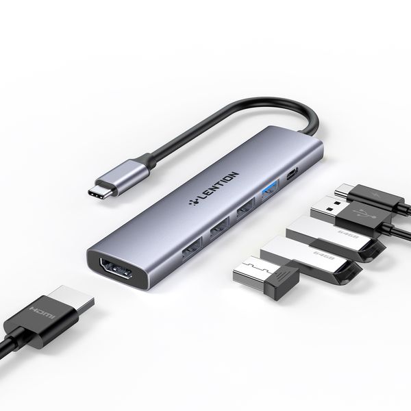 Многопортовый адаптер LENTION USB C Hub с зарядкой PD 100 Вт, HDMI 4K, 4 порта USB-A для передачи данных, концентратор типа C для MacBook Pro 2023–2016 гг., Новый Mac Air/Surface, Chromebook, iPhone 15 Pro/Pro Max