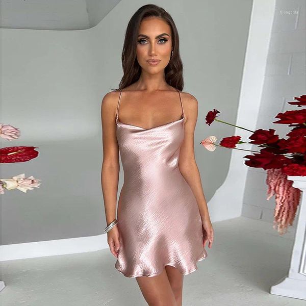 Casual Kleider Hirigin Satin Spaghetti Strap Backless Mini Kleid Für Frauen Robe Sommer Ärmel Bodycon Club Party Kurze Vestido