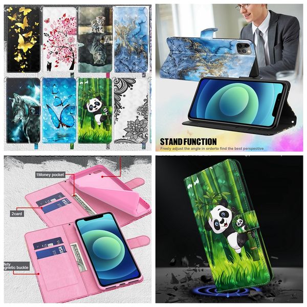 Samsung için 3D Deri Cüzdan Kılıfları S24 Ultra Plus A05S A15 Moto G14 G54 Xiaomi 13t Pro Redmi 13C Dantel Kelebek Çiçek Panda Ağacı Flip Cover Cartoon Wolf Tutucu Toros