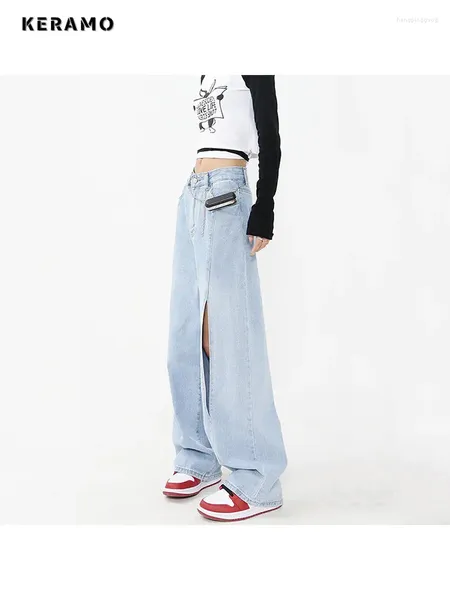 Jeans femininos americanos vintage cintura alta calças rasgadas 2023 casual baggy y2k perna larga corrente decoração grunge denim calças