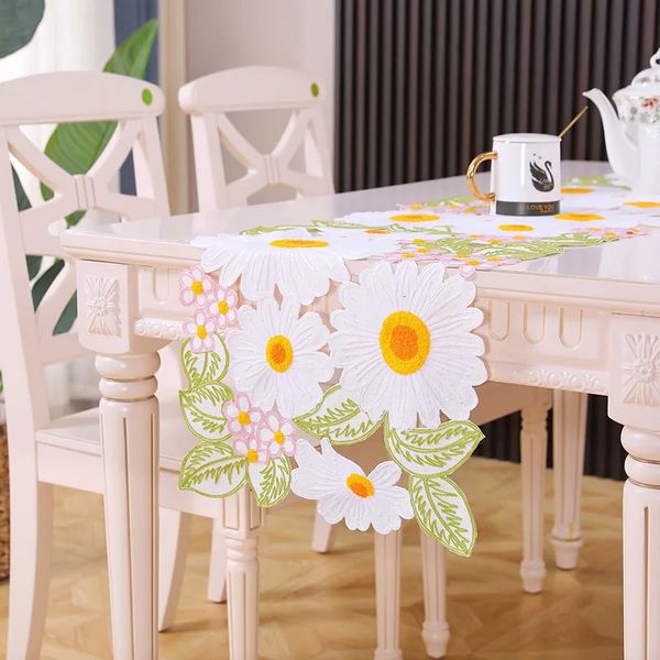 Mesa corredor mão bordado branco margarida flor algodão linho festa de casamento jantar placemat casa cozinha decoração 231019