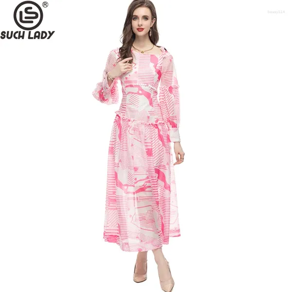 Casual Kleider Damen Runway O Neck Long Sleeves Gedruckt Rüschen Drop Taille Mode Designer Maxi Vestidos