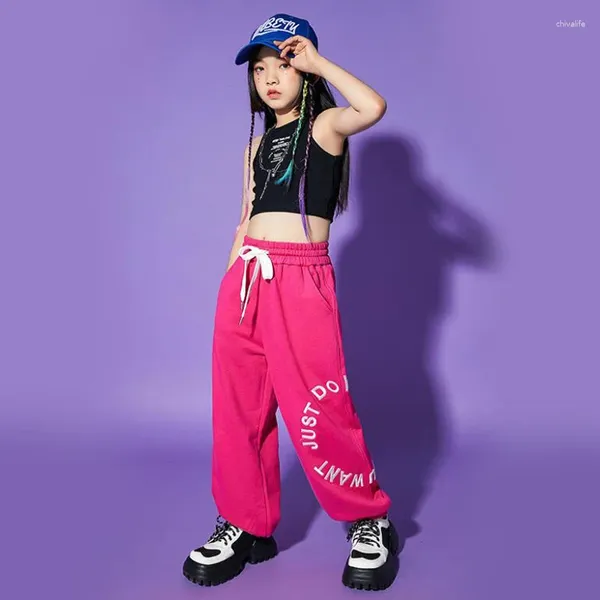 Palco desgaste crianças roupas de salão hip hop roupas colheita tanque colete streetwear rosa calças de suor para menina jazz dança traje rave roupas