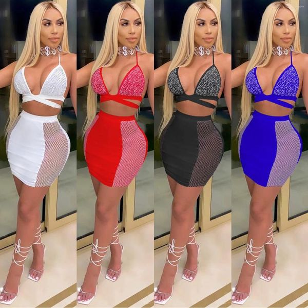 Arbeitskleider Damenmode Nachtclub-Kleid-Sets Drill Cross Bandage Open Back BH und Rock Zweiteiliges Set