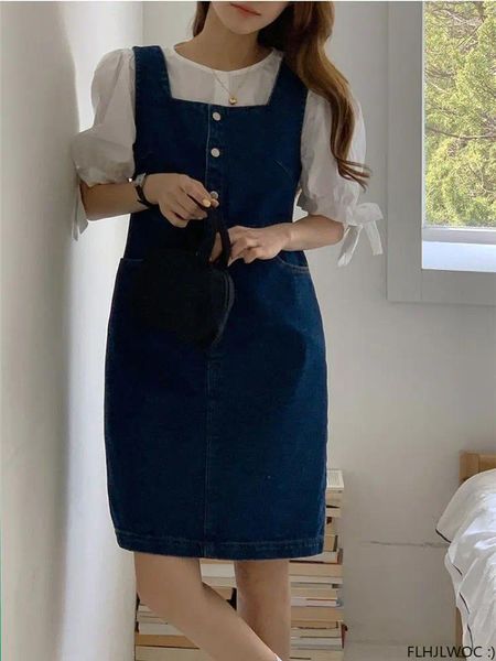 Casual Kleider Denim Shirt Design Frau 2023 Sommer Nette Süße Korea Chic Stil Mädchen Retro Vintage Baumwolle Jeans Blau ärmelloses Kleid