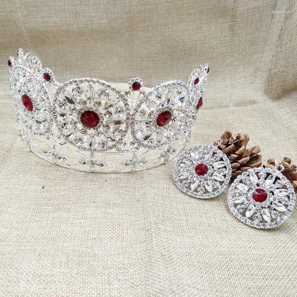 Saç klipleri büyük asil kırmızı tam taç yarışmacı Bayan Dünya Rhinestone Round Tiara Küpe Pembe/Kırmızı/Beyaz Renk ile Eşleştirme