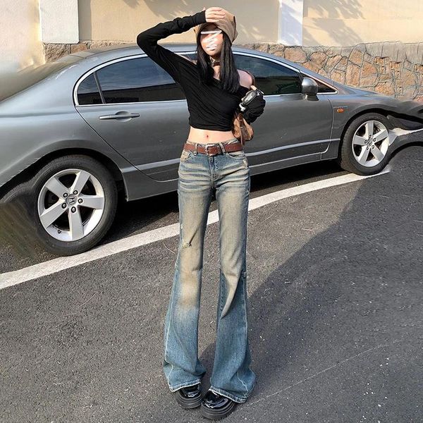Jeans da donna 2023 Inverno Vintage Retro Spicy Girl Pantaloni svasati a vita bassa Vestibilità slim e usurati