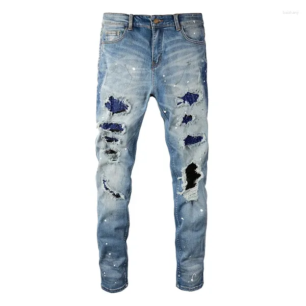 Jeans masculinos UE gotejamento azul angustiado bigode strass patches italianos danificados buracos slim fit estiramento rasgado