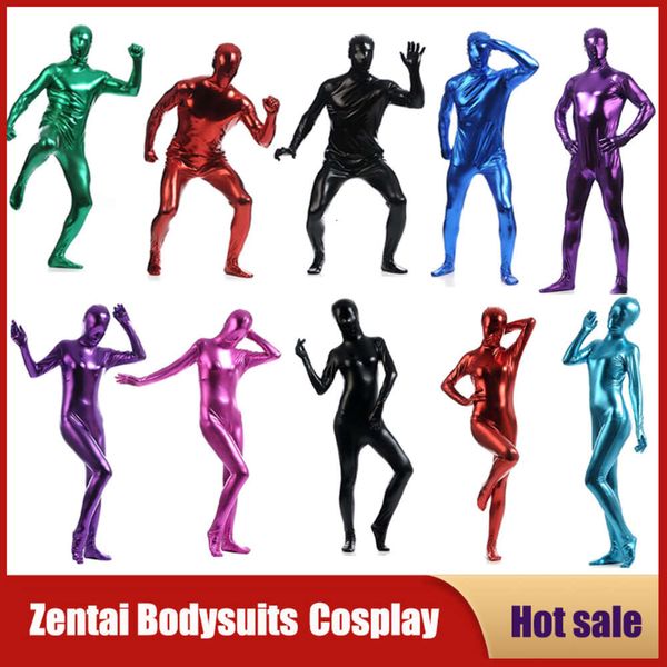 Cosplay masculino metálico brilhante zentai bodysuit completo sexy unisex catsuit traje de pele apertado macacão festa de halloween dancewear para mulher