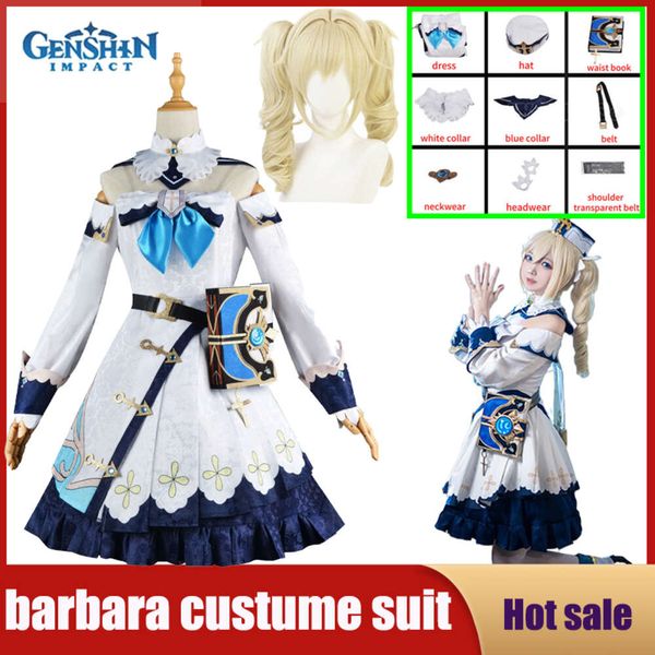 Cosplay jogo genshin impacto barbara cosplay traje meninas vestidos de princesa lolita empregada roupas peruca terno anime uniforme festa de halloween