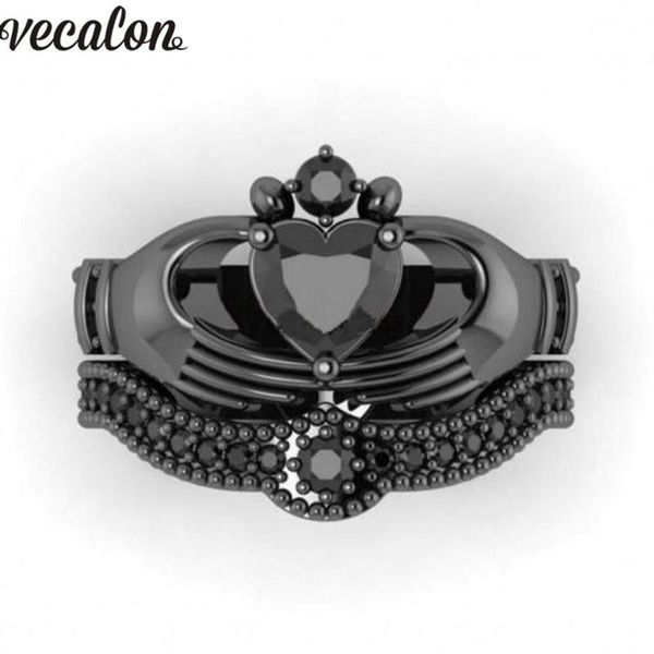 Vecalon New Female Black Birthstone anello claddagh 5A Zircon Cz Anello in oro nero riempito con fascia nuziale Set da sposa per le donne183f