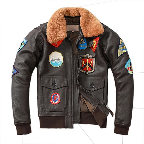 Männer Leder Faux Stickerei Bomber G1 Flieger Jacke Rindsleder Mantel Männer Air Force Winter Kleidung Luftfahrt Mäntel Echtpelz 2XL3XL 231020