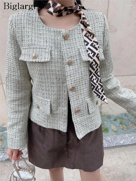 Jaquetas femininas outono inverno tweed casaco feminino manga longa impressão moda elegante senhoras cortadas mulher coreana casacos 2023