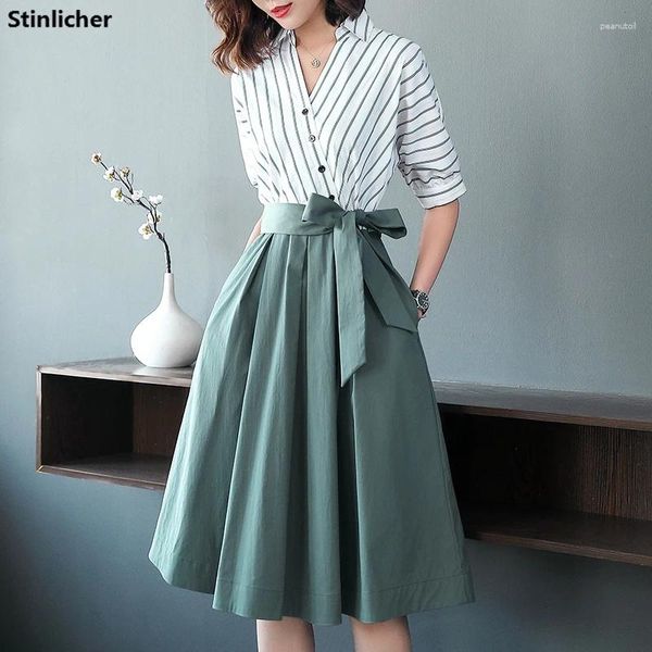 Partykleider Gestreiftes Hemdkleid Frauen Elegantes Büro Damen OL Midi Arbeitstunika Koreanische Mode Bogen Schärpen Verband Große Schaukel