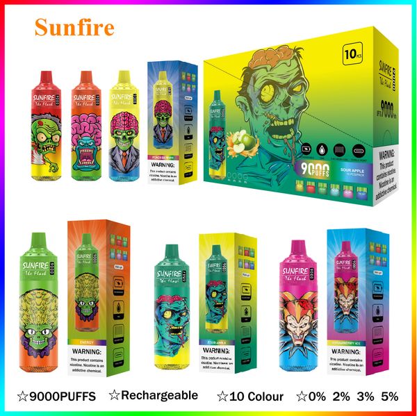 Entrega rápida Sunfire 9000 Puff 9k E-cigarros descartáveis 18ml Vape 0mg 2mg 5% recarregável 600mAh rm vape 9000 pufs 15k 12k puffs vaper RNM tornado França Checa vape