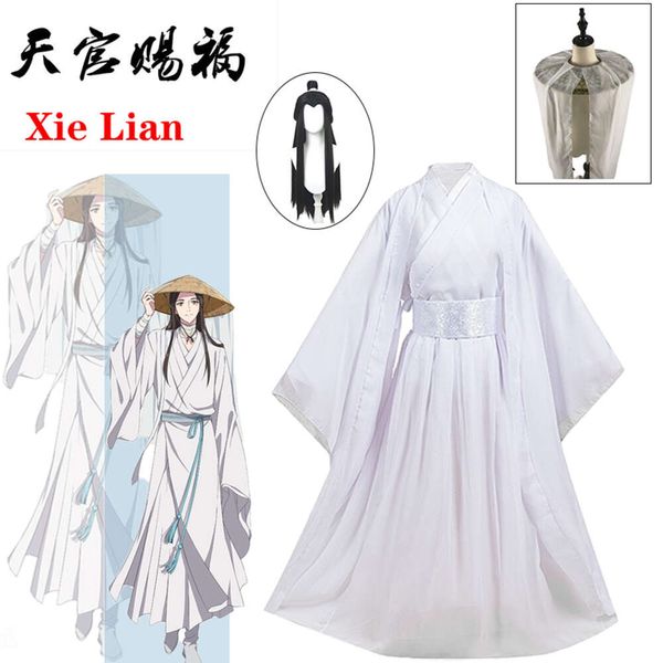 Xie Lian Kostüm Tian Guan Ci Cosplay Xielian Perücken Bambus Hut Prop Weiß Han Fu Anime Outfit Unisex Kostümecosplay