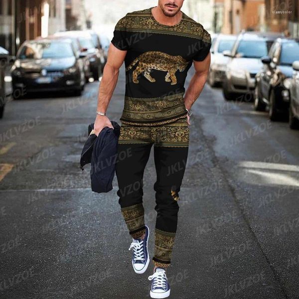 Männer Trainingsanzüge Hosen Set Sommer Leopard 3D Gedruckt T-Shirt Sportanzug Kurzarm Jogger Kleidung Straße Übergroßen Trainingsanzug Outfit