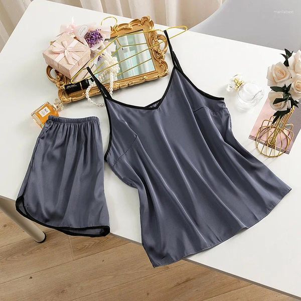 Vêtements de nuit pour femmes Summer Grey Pyjamas Set Femmes Satin Strap TopShorts Sans Manches Sommeil Sexy Col V Pijamas Costume Taille Élastique Loungewear