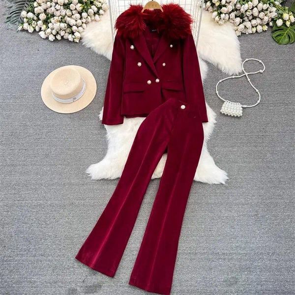 Pantaloni da donna a due pezzi Pantaloni di giacca di velluto a coste moda Set Temperamento Pelliccia Clollar Splice Cappotto Cappotto Casual Vita alta Gamba larga Z3315