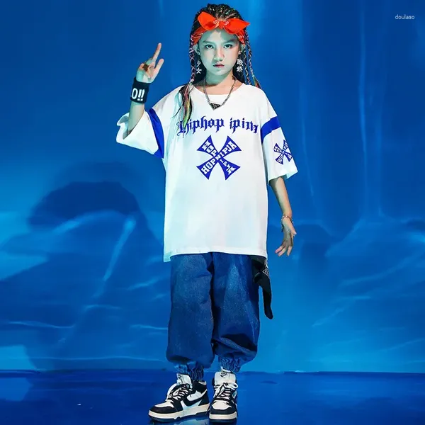 Pantaloni da abbigliamento da palcoscenico per il ragazzo danza da ballo abiti da costume da bambino abbigliamento hip hop stampa stampa tee top oversize top streetwear jeans larghi