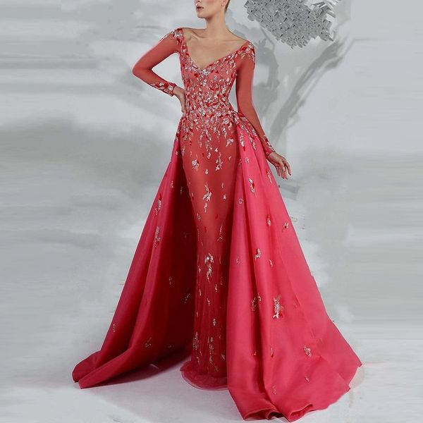 Abiti da ballo con scollo a V fucsia Abiti in tulle con spacco laterale Maniche lunghe senza schienale Sirena in pizzo Innamorati Abiti da sposa Boho applicati Abiti da sposa