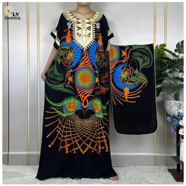 Ethnische Kleidung 2023 Abaya für Frauen Mode gedruckte Blume Baumwolle muslimische traditionelle afrikanische Kaftan lose Kleider Femme Robe mit Turban