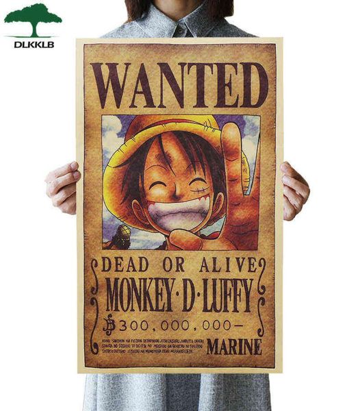 DLKKLB Home Decor Wandaufkleber One Piece Poster Luffy Wanted Vintage Kraftpapier Anime PosterBar Dekor Gemälde 51 x 35 cm H11108335296