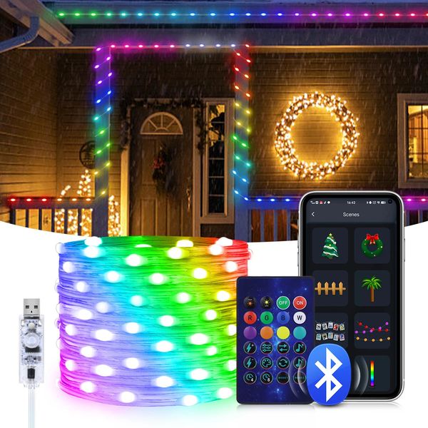 Decorazioni natalizie 5M 10M 20M USB LED Filo di rame Lucine RGBIC Colore da sogno Stringa Ghirlanda Lampada Albero di festa Deco di nozze 231019