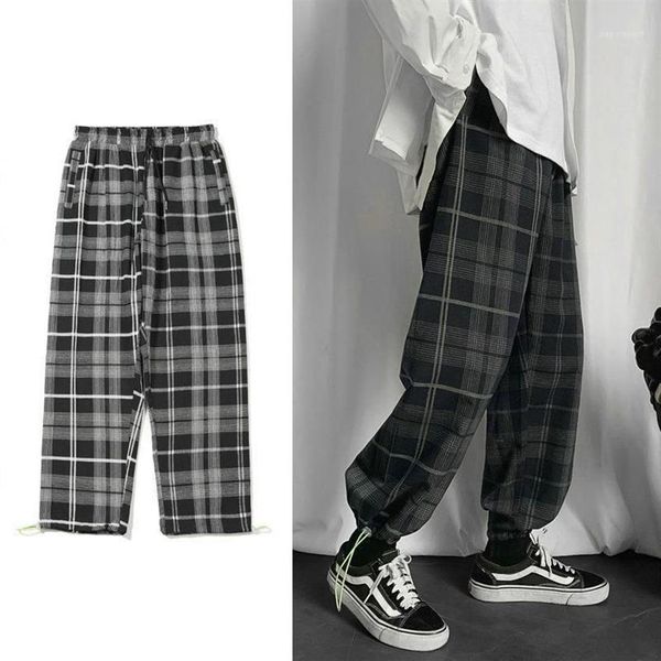 Calças masculinas xadrez casual harem homem coreano 2021 solto tornozelo-comprimento calças harajuku streetwear corredores masculino Clothi254z