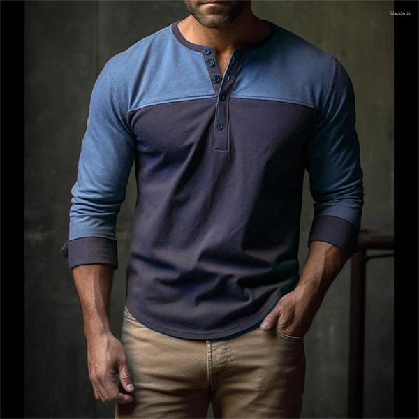 T-shirt da uomo Uomo in cotone Henley Neck T-shirt Fashion Design Loose Fit Solid Magliette Uomo Top Tees Manica lunga Corrispondenza di colore per