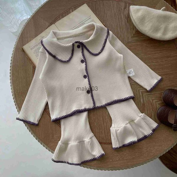 Kleidungssets 7467 Baby Kleidung Set 2023 Herbst Infant Shell Gestrickte Split Anzug Kontrast Strickjacke + Bell Bottoms Casual Mädchen Zwei-stück Anzug J231020