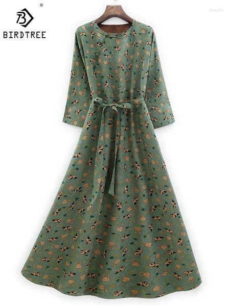 Vestidos casuais Birdtree 32mm Mulberry Silk Vintage Watered Gaze Vestido Slanted Placket Flap Bat Mangas Desenhos Animados Imprimir Saia Longa D39971QD