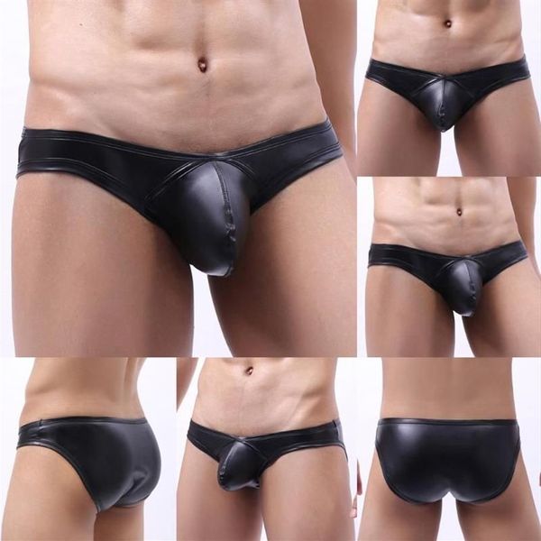 Cuecas masculinas sexy roupa interior de couro falso breve pênis bulge bolsa plus size malha erótica tentação tangas bikini shorts244h