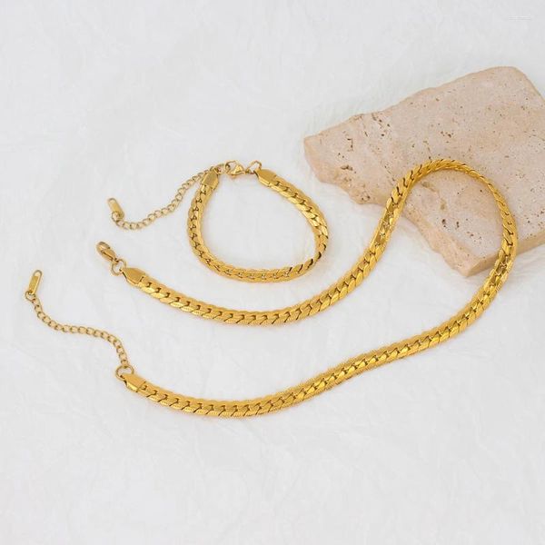Halskette-Ohrringe-Set, minimalistischer Edelstahl, Schlangenkette, handgefertigter Schmuck, Goldfarbe, modisch, täglich, rostfrei, Textur, koreanische Frauen