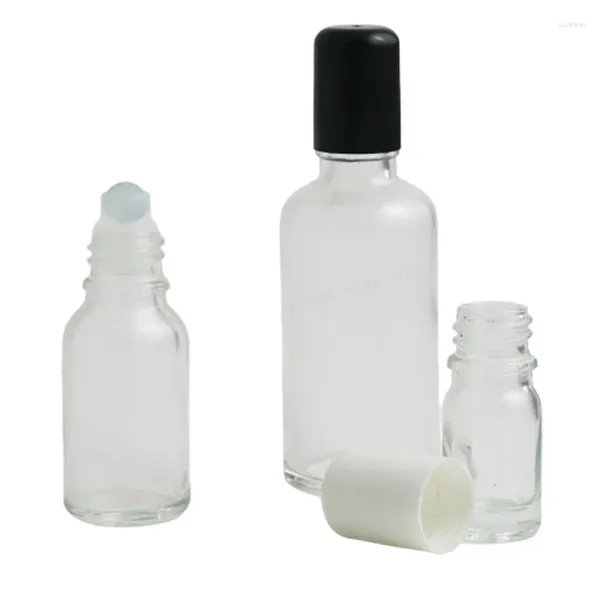 Bouteilles de stockage en verre transparent, 5ml, 10ml, 15ml, 20ml, 30ml, 50ml, 100ml, 1/6OZ, 1/3OZ, 1/2OZ, 1OZ, conteneurs à bille roulante