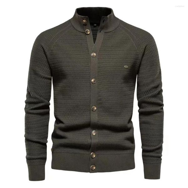 Suéter masculino outono inverno suéter de gola alta jaqueta de malha grosso cardigã botão top retrô slim fit roupas moda masculina casaco