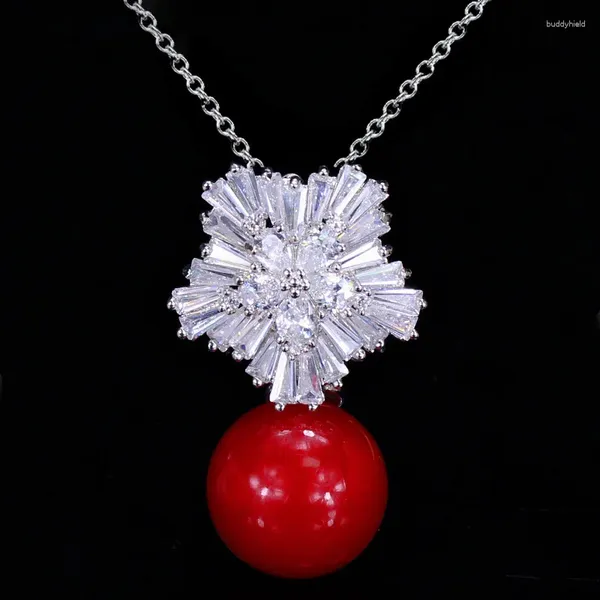 Collane con ciondolo ThreeGraces Elegante fiocco di neve con zirconi cubici con collana a goccia di perle rosse per le donne Regalo di gioielli per feste di moda PN038