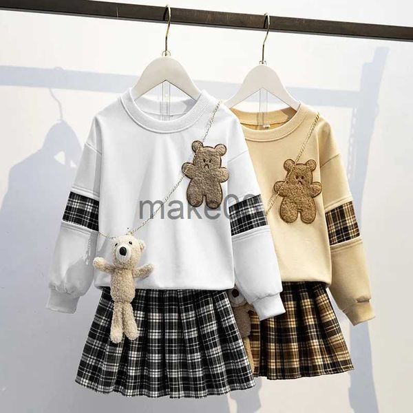 Conjuntos de roupas Japonês Uniforme Escolar Meninas JK Terno Primavera e Outono Bonito Confortável Loungewear Algodão Suéter Xadrez Saia Plissada Enviar Urso J231020