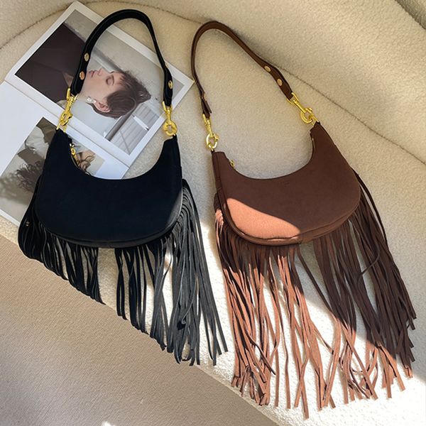 Ava Suede Tassels Underarm Bolsa De Ombro Designer Mulheres França Marca De Luxo Vintage Nubuck Couro Meia Lua Bolsas Senhora Embreagem Crossbody Luxurys Bags