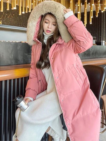 Casacos de trincheira femininos versão coreana jaqueta de comprimento médio 2023 pato branco grande gola de pele espessada solta sobre o joelho inverno
