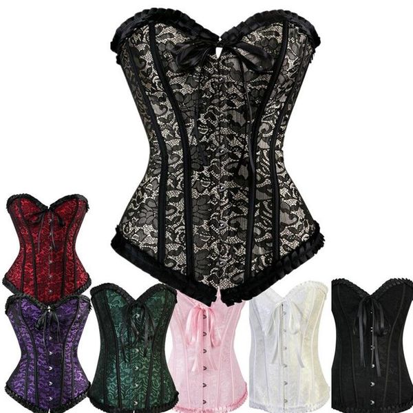 Donna Plus Size S-6XL Burlesque Jacquard Overbust Corsetto Moda Classic Lace-up Bustier Danza Corsetto Top con volant pieghettato Tr238z