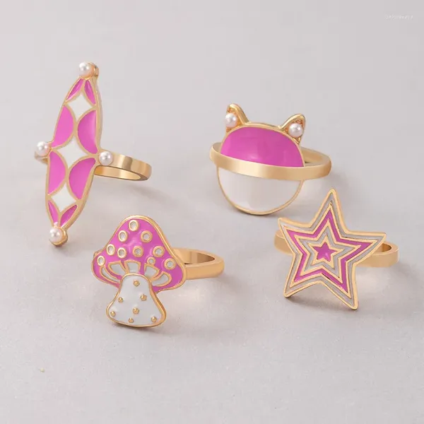 Cluster Anéis Y2K Jóias Rosa 4 Pcs Vaca Estrela Cogumelo Para Mulheres Metal Vintage Punk Harajuku Set Charms 90s Presentes Estéticos