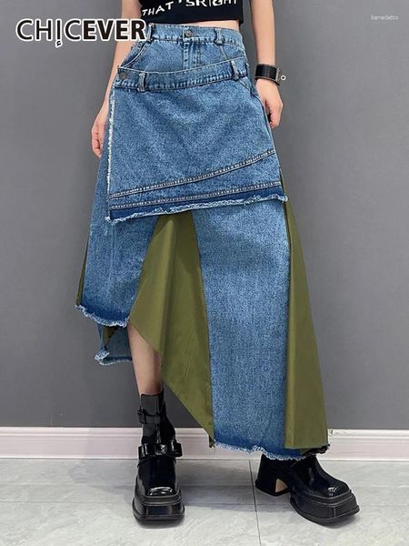 Etekler Chicever Patchwork Denim Kadınlar için Yüksek Bel Eklenmiş Düğme Gevşek Hit Renk Kırları Asimetrik Yaz Midi Etek Kadın