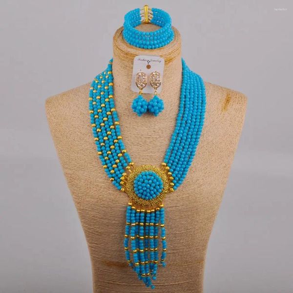 Collana orecchini set bigiotteria da sposa nigeriana blu perline africane cristallo nuziale