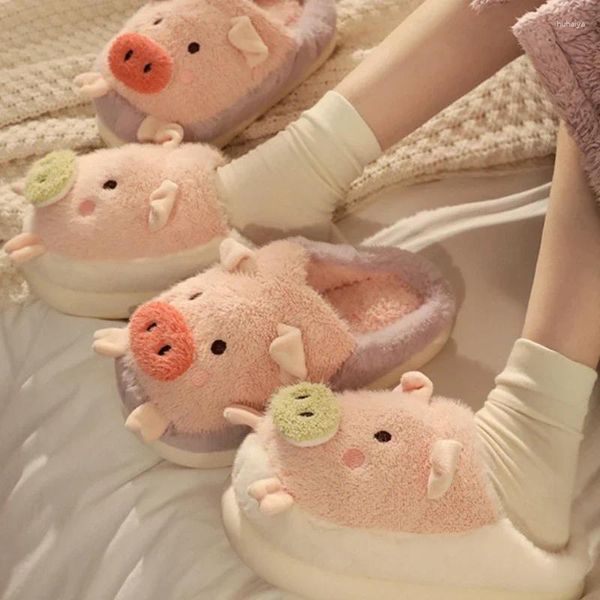 Hausschuhe für Damen, Winter, Baumwolle, für den Innenbereich, rosa, süßes Schwein, warm, Plüsch, dicke Sohle, rutschfest, weiche Schuhe