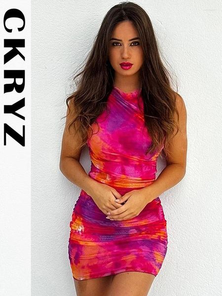 Vestidos casuais senhoras verão tie dye impressão sem mangas o-pescoço y2k sexy bodycon ruched mini para mulheres moda festa de aniversário clubwear