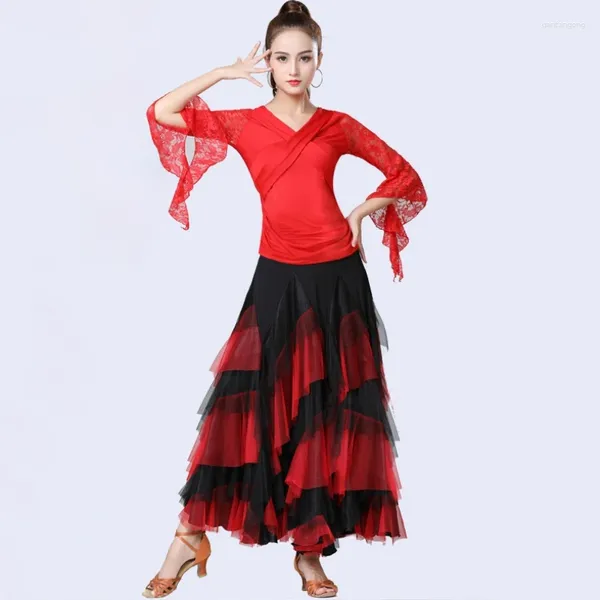 Palco desgaste feminino moderno dança de salão grande balanço saia elegante cetim multi-camada cor combinando valsa tango latina dancedress