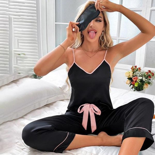 Frauen Nachtwäsche Pyjamas Set Casual Eis Seide Hause Kleidung Schlinge Hosen Augen Maske Nachtwäsche 3-stück Pyjama Femme mujer