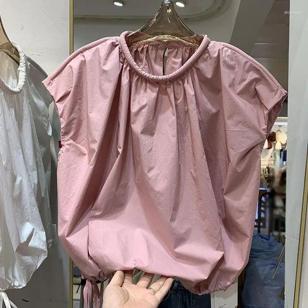 Kadın Bluzları 2023 Yaz Koreli Şık O boyun uçan kol gömlekleri Fransız moda kolsuz gevşek katı üst kadın giyim