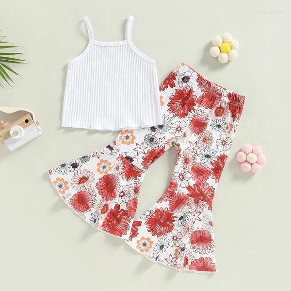 Set di abbigliamento 2 pezzi Bambina bambino Estate Bambini Abbigliamento per bambini Pantaloni svasati floreali a canotta a costine bianchi senza maniche